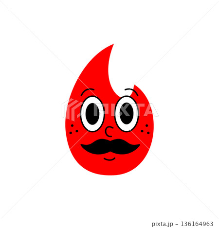 Red flame character with big eyes and black mustache. Cute cartoon fire face in comic , perfect for mascots and stickers. Red flame character with big eyes and black mustache. Cute cartoon fire face in comic , perfect for mascots and stickers. 136164963