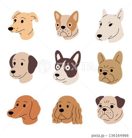Cartoon dog heads set. Line art puppy faces collection with different breeds for icons 136164966