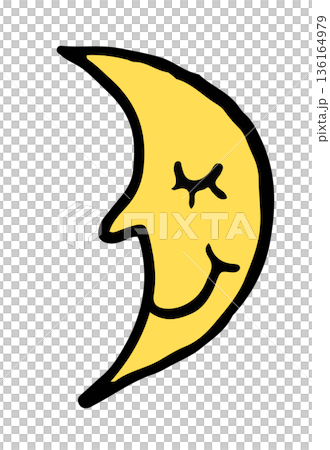 Hand drawn sleeping moon illustration for decoration, cartoon character, comic, mascot, sky and clouds, plush toy, kid doll, sticker, cute patch, brooch, shirt print, icon, good night, sleep tight 136164979