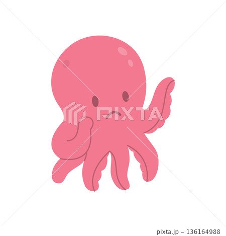 Sad cartoon octopus. Cute pink sea animal with a worried expression, flat vector design for emotions or kids. 136164988