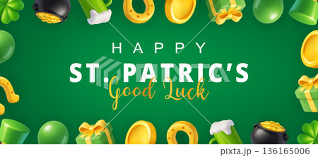 Happy St. Patricks Day festive frame banner with lucky symbols - coins, beer, balloons, and gifts on green background 136165006