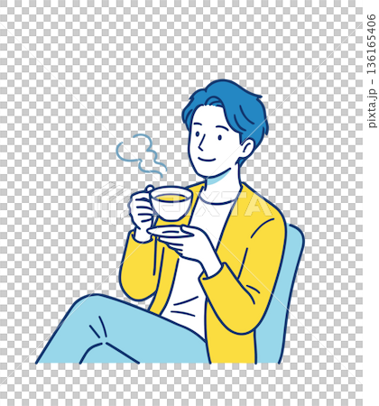 コーヒーで一息つく男性の休憩シーンイラスト素材 136165406
