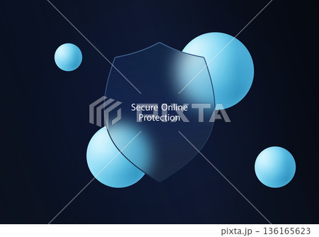 Abstract dark blue background dedicated to security issues, featuring a translucent glass shield and floating gradient spheres. 136165623