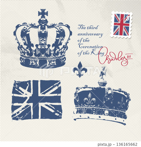 Great English symbols - English crown, union jack . Ink stamps vector illustration with post mark. Set of elements for 3d Kings coronation anniversary. 136165662