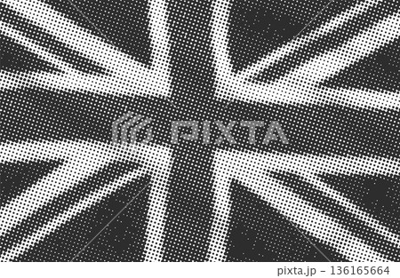 Black and white monochrome Great Britain UK flag Grunge dotted halftone texture. Grungy United Kingdom background. Vector union jack Black and white monochrome Great Britain UK flag Grunge dotted halftone texture. Grungy United Kingdom background. Vector union jack 136165664