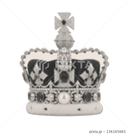 Black and white vintage paper sticker of UK crown in halftone effect. Elements for retro collage. Mixed media style. Vector trendy illustration on transparent background. Front view Black and white vintage paper sticker of UK crown in halftone effect. Elements for retro collage. Mixed media style. Vector trendy illustration on transparent background. Front view 136165665