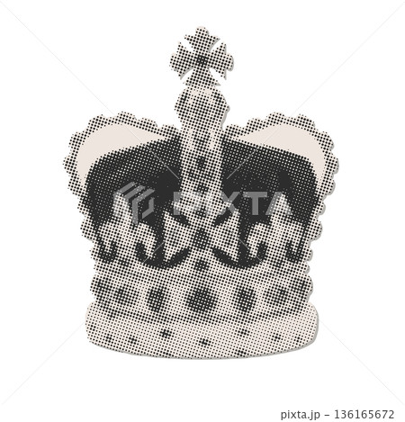 English Crown with retro dotted halftone effect. Single Paper sticker with Vintage halftone dots and distressed effect in retro pop art style. Trendy retro grunge collage element. Vector 136165672