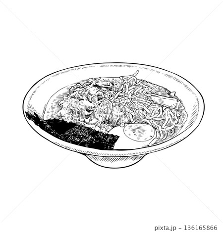 Sketch Hand drawn vintage Ramen soup with noodle egg seaweed Sketch Hand drawn vintage Ramen soup with noodle egg seaweed 136165866
