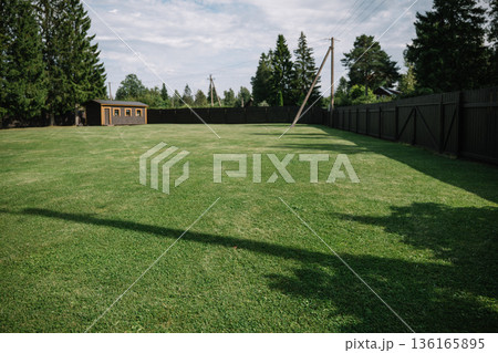 Expansive green lawn surrounded by trees and a wooden shed on a sunny day 136165895