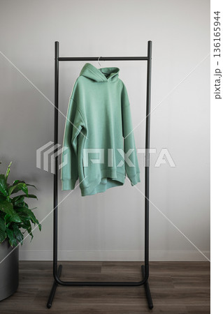 Hooded sweatshirt hanging on a black rack beside a green plant in a modern room Hooded sweatshirt hanging on a black rack beside a green plant in a modern room 136165944