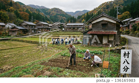 村人たちから離れて農作業をする村八分にされた高齢者たち 村人たちから離れて農作業をする村八分にされた高齢者たち 136165983