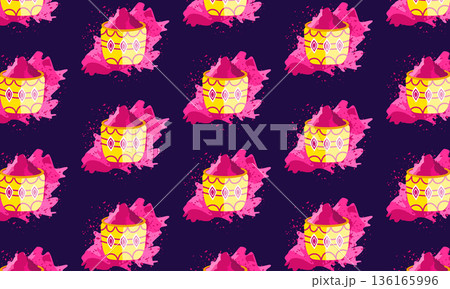 Holi festival pattern background with pink dry powder in buckets illustration Holi festival pattern background with pink dry powder in buckets illustration 136165996