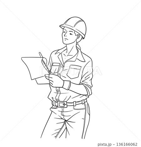 female civil engineer and clipboard line art drawing sketch 136166062