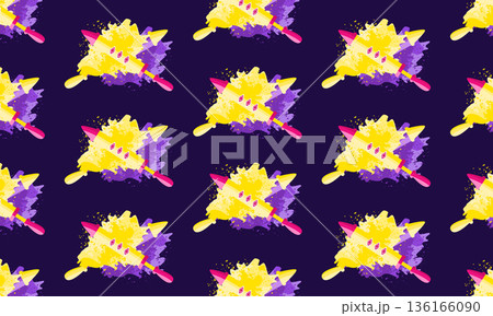 Holi festival pattern background with purple and yellow dry powder and pichkari illustration Holi festival pattern background with purple and yellow dry powder and pichkari illustration 136166090