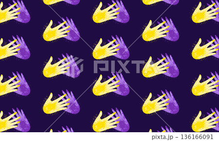 Holi festival pattern background with painted hands in yellow and purple dry powder illustration 136166091