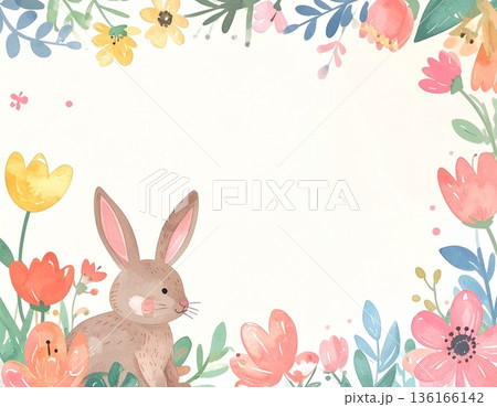 カラフルな春の花とウサギ 136166142