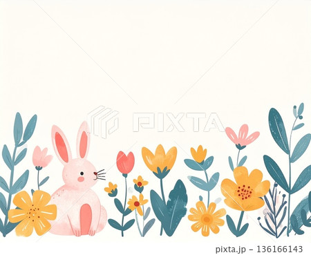 お花とうさぎのかわいいフレーム お花とうさぎのかわいいフレーム 136166143