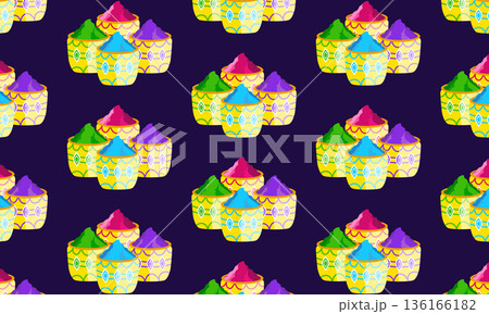 Holi festival pattern background with green pink purple and blue dry powder in buckets illustration 136166182