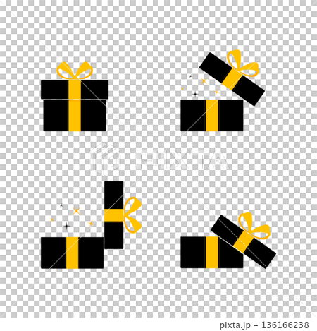 Set of black gift box icons with yellow ribbon, without background. 136166238