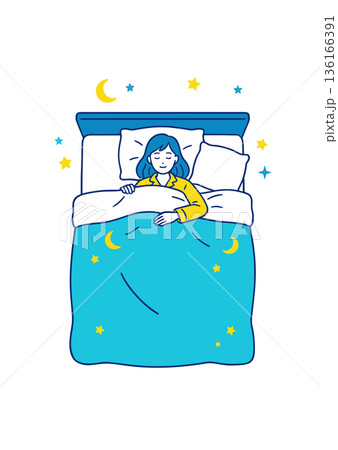 夜にベッドでぐっすり眠る女性の安眠・快眠イラスト素材 夜にベッドでぐっすり眠る女性の安眠・快眠イラスト素材 136166391