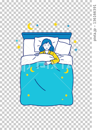 夜にベッドでぐっすり眠る女性の安眠・快眠イラスト素材 夜にベッドでぐっすり眠る女性の安眠・快眠イラスト素材 136166391