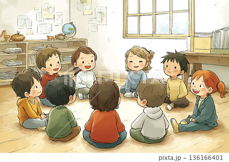 輪になって話し合う子どもたち｜道徳・社会性を育てる教室の学び 136166401