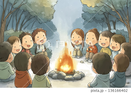 焚き火を囲んで交流する子どもたち|自然体験と協調性を育む教育シーン 焚き火を囲んで交流する子どもたち|自然体験と協調性を育む教育シーン 136166402