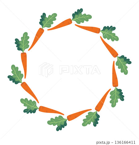 Round carrot frame. Hand-drawn colorful harvest and lettuce leaves. Healthy organic food. Fresh, healthy vegetables. Round carrot frame. Hand-drawn colorful harvest and lettuce leaves. Healthy organic food. Fresh, healthy vegetables. 136166411