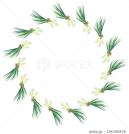 Round frame with leeks. Hand-drawn colorful harvest and lettuce leaves. Healthy organic food. Fresh, healthy vegetables. 136166416