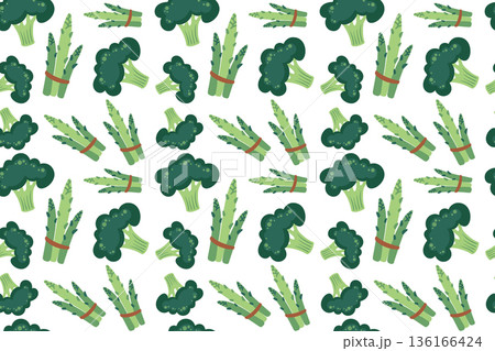 Seamless pattern with broccoli and asparagus. Hand-drawn colorful lettuce and vegetable leaves. Healthy organic produce. Fresh, healthy vegetables. 136166424