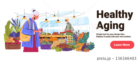 Healthy aging senior woman shopping fresh vegetables market elderly man background colorful produce indoor grocery store wellness lifestyle 136166483