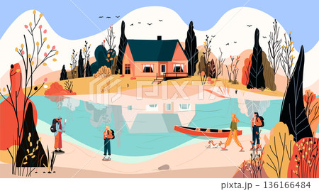 Travel adventure nature landscape people hiking lake cabin autumn forest trees mountains colorful outdoor scene template Travel adventure nature landscape people hiking lake cabin autumn forest trees mountains colorful outdoor scene template 136166484