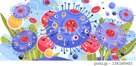 Virus bacteria pathogen infection disease anatomy concept colorful microscopic cells floating abstract medical background Virus bacteria pathogen infection disease anatomy concept colorful microscopic cells floating abstract medical background 136166485