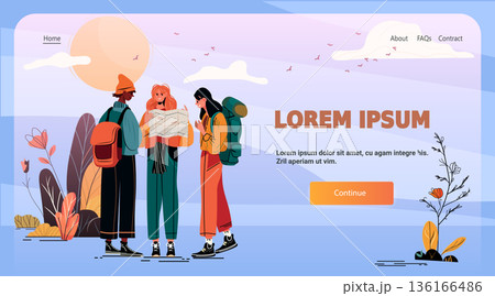 Travelers group outdoor adventure map reading hiking landscape abstract nature background website landing page 136166486