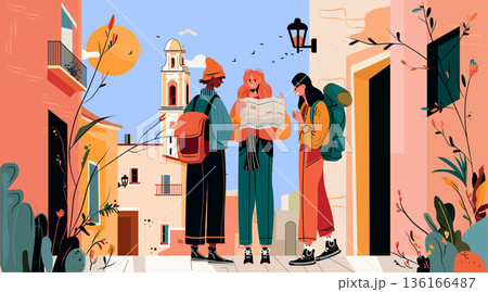 Young travelers exploring city map urban street colorful buildings plants backpacks sunny day adventure tourism concept website banner Young travelers exploring city map urban street colorful buildings plants backpacks sunny day adventure tourism concept website banner 136166487