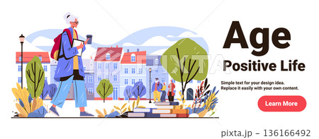 Active senior woman walking city park books coffee urban landscape elderly people outdoor trees buildings colorful flat website banner 136166492