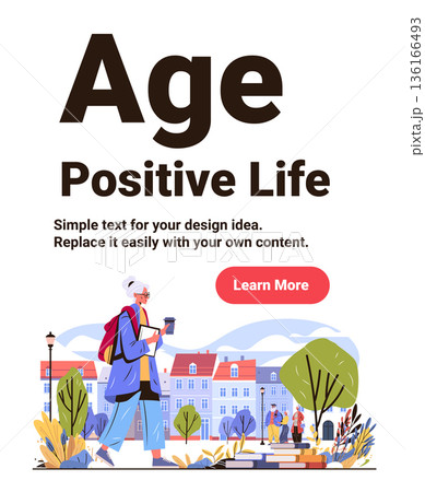 Active senior woman walking city park autumn holding coffee books backpack urban landscape colorful buildings trees website banner 136166493