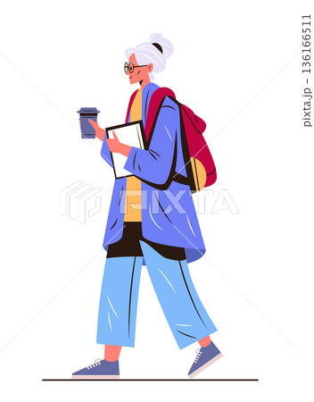 Active senior woman walking urban lifestyle modern elderly holding coffee cup tablet wearing casual clothes backpack white background 136166511