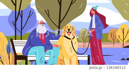 Active seniors walking dog outdoor park autumn trees elderly man sitting bench woman holding leash colorful landscape flat design 136166512