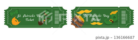 Set of green Saint Patrick Day festival tickets with barrel of gold shamrocks beard hat boots bows mustache and pipe Set of green Saint Patrick Day festival tickets with barrel of gold shamrocks beard hat boots bows mustache and pipe 136166687