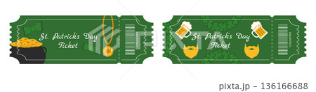 Set of green Saint Patrick Day festival tickets with pot of gold beer shamrocks beads and decorations 136166688
