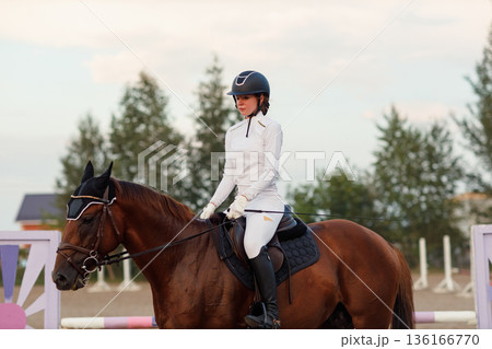 Dressage horse and rider in uniform during equestrian jumping competition 136166770