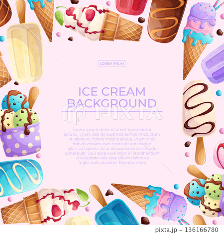 Colorful background with delicious ice cream. The concept of summer, relaxation, sweets. Vector illustration for the design of posters, flyers, postcards, invitations 136166780