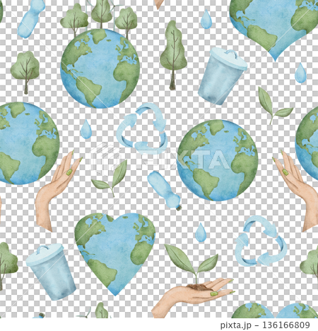 Seamless pattern of International Mother Earth Day. Ecology design with planet, recycling icon, trees. Watercolor hand drawn illustration for fabric, textile, wallpaper, packaging. Upcycling and Seamless pattern of International Mother Earth Day. Ecology design with planet, recycling icon, trees. Watercolor hand drawn illustration for fabric, textile, wallpaper, packaging. Upcycling and 136166809