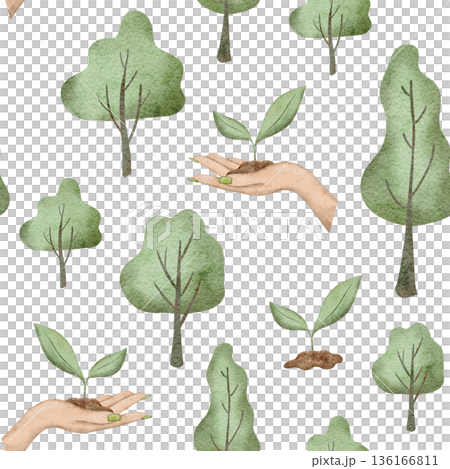 Seamless pattern with Ecology design. Watercolor hand drawn trees illustration for fabric, textile, wallpaper, packaging. Upcycling and downcycling signs Seamless pattern with Ecology design. Watercolor hand drawn trees illustration for fabric, textile, wallpaper, packaging. Upcycling and downcycling signs 136166811
