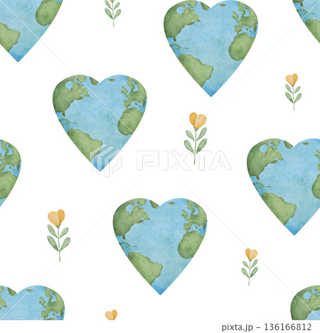 Seamless pattern of International Mother Earth Day. Ecology design with heart planet and flowers. Watercolor hand drawn illustration for fabric, textile, wallpaper, packaging. Recycling, upcycling and 136166812