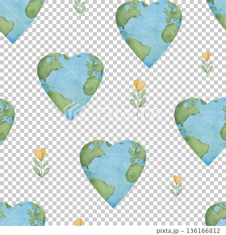 Seamless pattern of International Mother Earth Day. Ecology design with heart planet and flowers. Watercolor hand drawn illustration for fabric, textile, wallpaper, packaging. Recycling, upcycling and Seamless pattern of International Mother Earth Day. Ecology design with heart planet and flowers. Watercolor hand drawn illustration for fabric, textile, wallpaper, packaging. Recycling, upcycling and 136166812