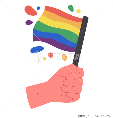Hand holding gay pride rainbow flag. Cartoon human hand with rainbow lgbt movement flag flat vector illustration. Symbol of sexual minorities in hand on white background 136166969
