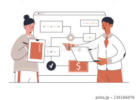 Team lead chatting with employee. Busy business characters, office team communication and cooperation flat vector illustration. Tasks from boss concept 136166976