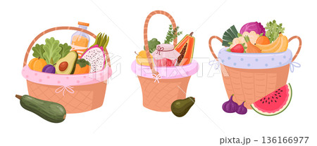 Wicker picnic baskets. Fresh vegetables in hamper basket, wicker basket flat vector illustration set. Handle picnic basket with veggies and fruits on white Wicker picnic baskets. Fresh vegetables in hamper basket, wicker basket flat vector illustration set. Handle picnic basket with veggies and fruits on white 136166977